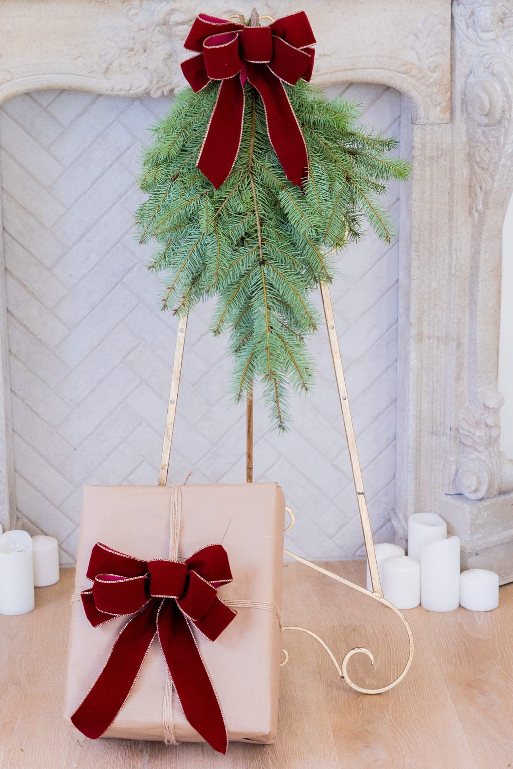 Burgundy bow trimmed in gold with greenery swag wholesale 35 per box for Christmas decor front door and holiday display