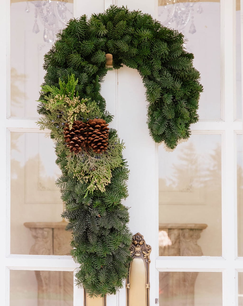 Candy cane wreath fresh greenery 30 inch length and 17 inch width for Christmas decor front door and holiday display