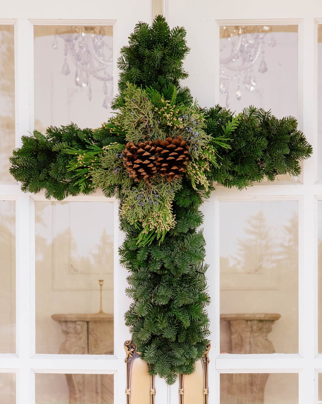 Cross wreath fresh greenery 20 inch length and 19 inch width for Christmas decor memorial display and holiday decoration