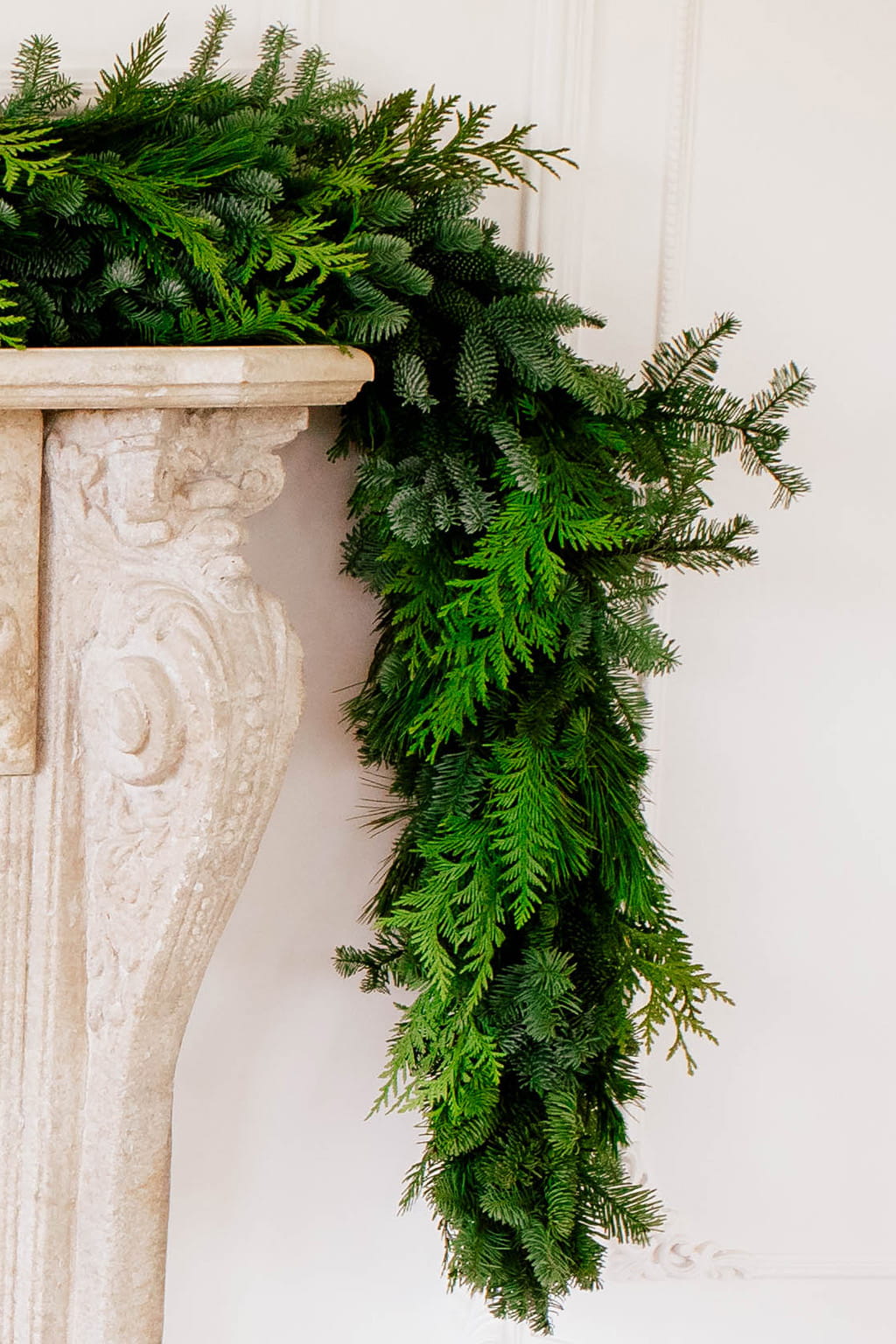 Tripple crown garland fresh greenery made with noble fir western red cedar and white pine 25 foot length for Christmas decor mantel and holiday display